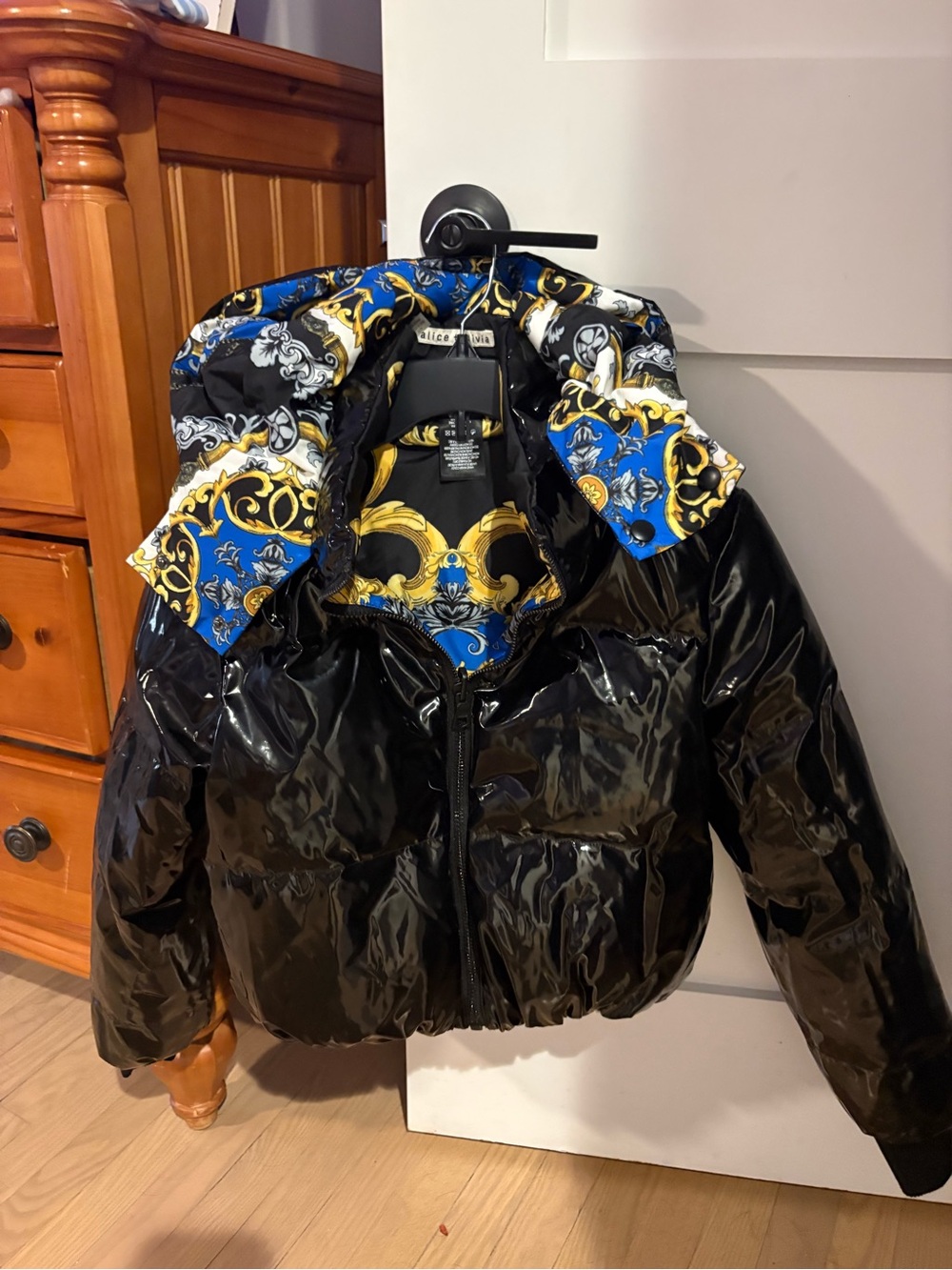 Alice + Olivia Black Patent Puffer Jacket with Blue & Gold Baroque Lining